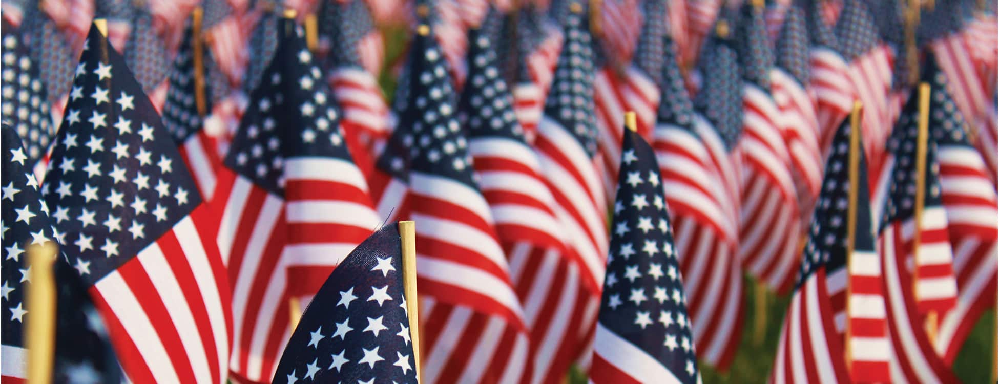 Many flags in the ground, stars and stripes