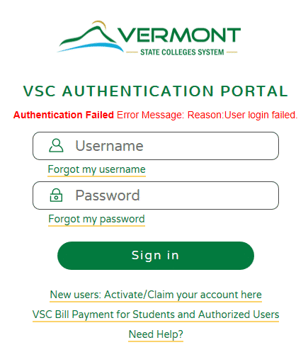 Screenshot of VSC Authentication Portal, error reading Authentication Failed Error Message Reason: User Log in Failed