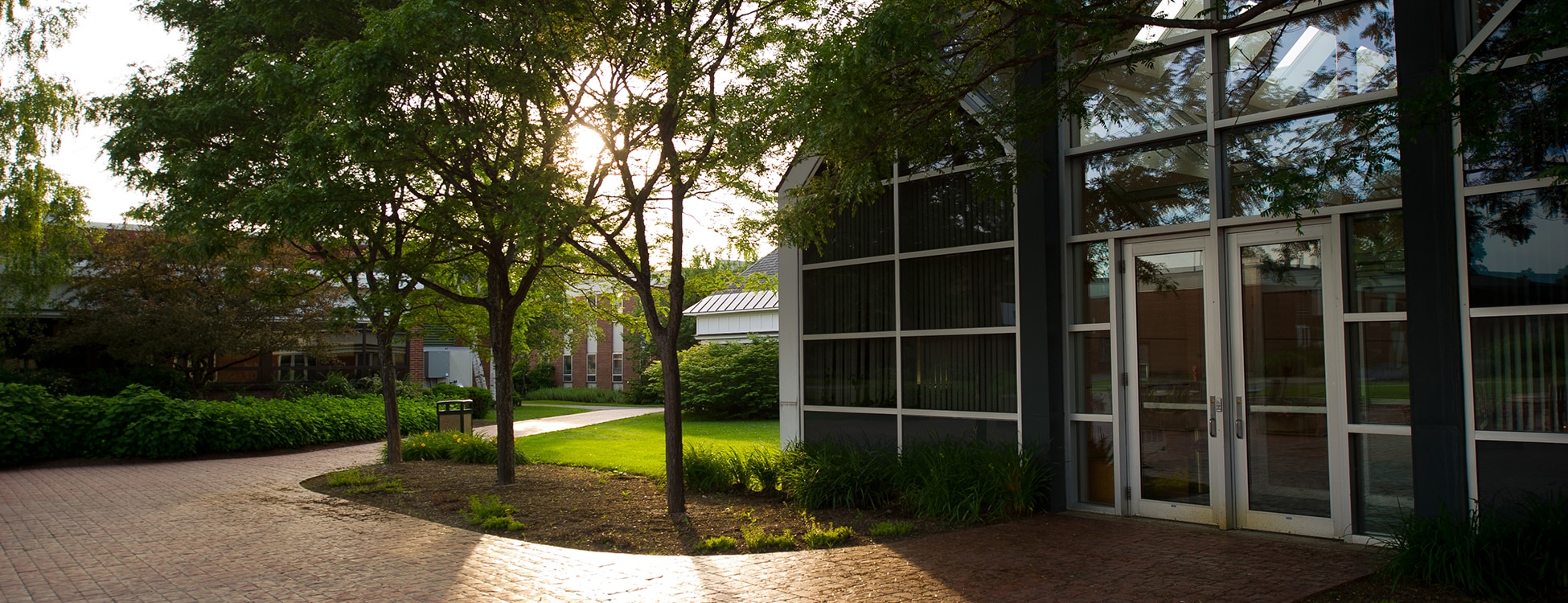 Administration building, Randolph Center campus, plaza, patio, sunset