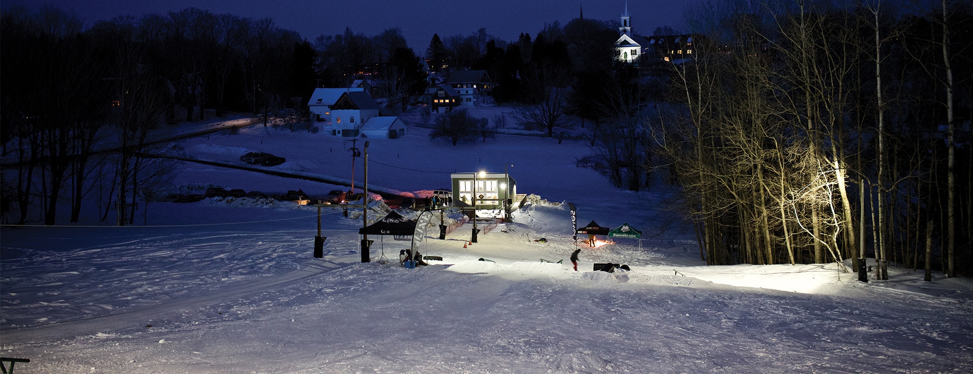 Winter, snow, ski hill, rope tow, Randolph Center campus, night, lights