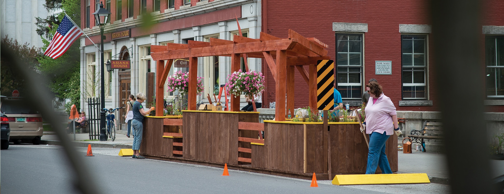 Installing parklet, Montpelier, Vermont, teamwork, construction