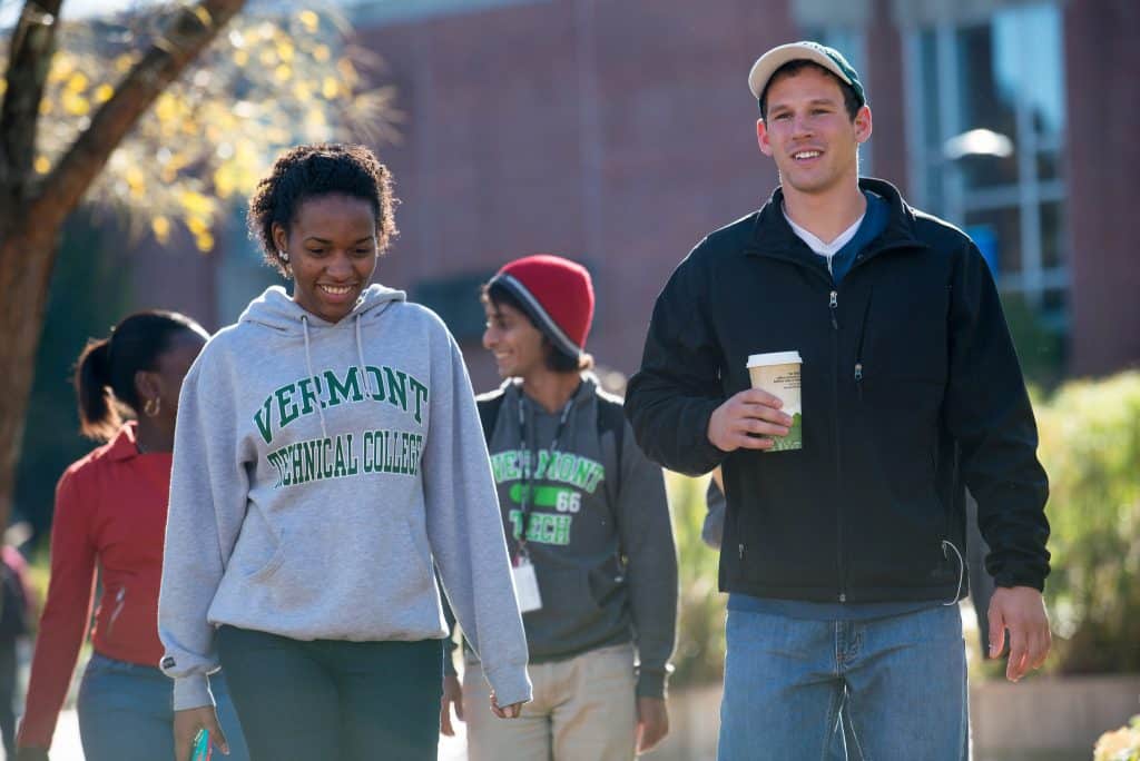 Female students, male students, diversity, walking, smiling, coffee, Randolph Center campus