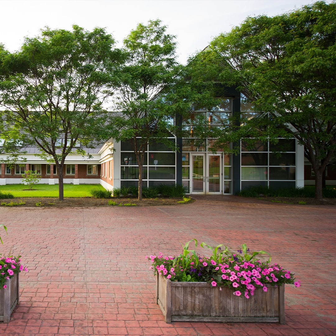 Randolph Center campus, plaza, flowers, patio