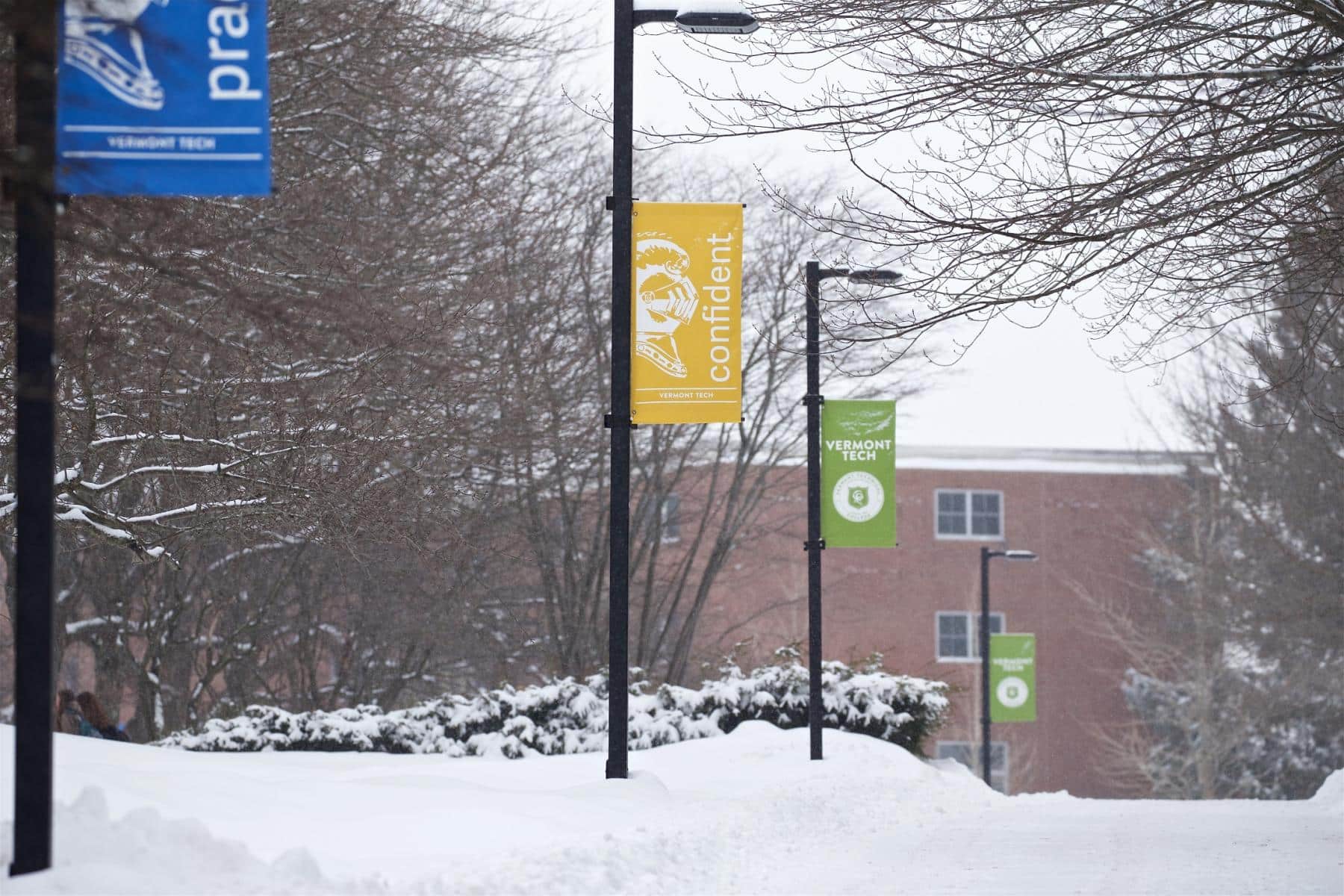 Winter, snow, Randolph Center campus, walkway, flags