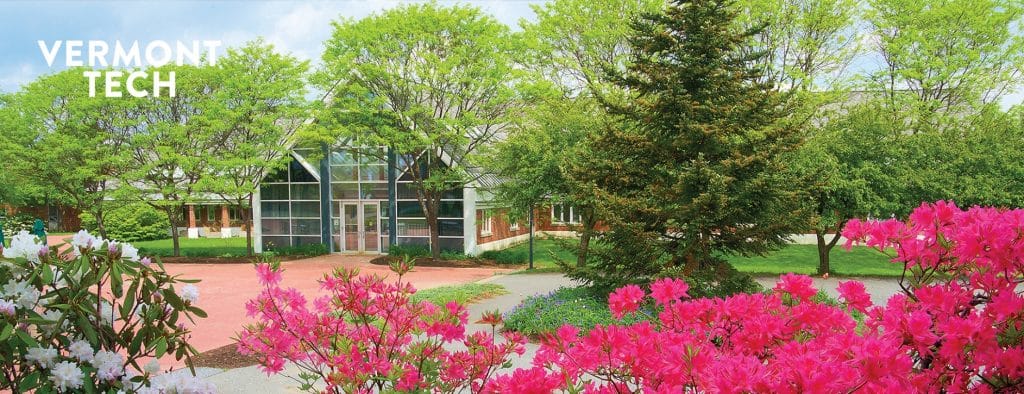 Summer, flowers, Randolph Center campus, plaza, administration buidling