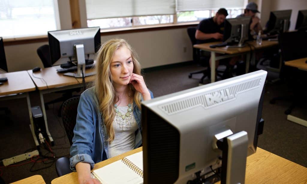 female student, working at computer, thinking, studying