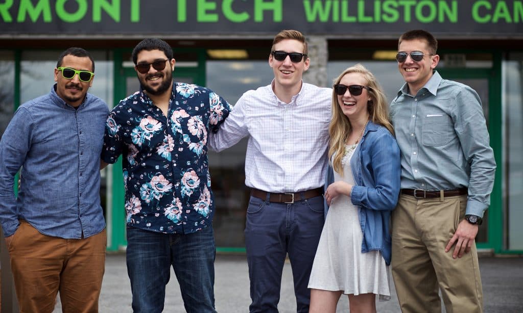 Williston campus, female student, male student, smiling, happy, sunglasses, diversity